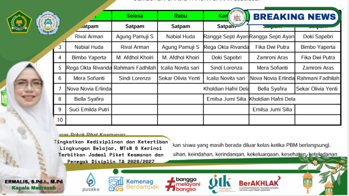 Tingkatkan Kedisiplinan dan Ketertiban, MTsN 6 Kerinci Terbitkan Jadwal Piket Keamanan dan Penegak Disiplin TA 2026/2027 Tingkatkan Kedisiplinan dan Ketertiban, MTsN 6 Kerinci Terbitkan Jadwal Piket Keamanan dan Penegak Disiplin TA 2026/2027