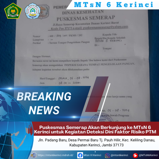 Puskesmas Semerap Akan Berkunjung ke MTsN 6 Kerinci untuk Kegiatan Deteksi Dini Faktor Risiko PTM Puskesmas Semerap Akan Berkunjung ke MTsN 6 Kerinci untuk Kegiatan Deteksi Dini Faktor Risiko PTM