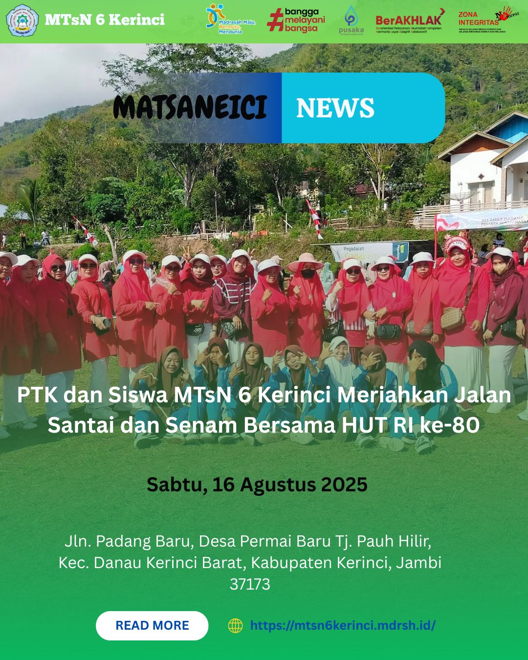 PTK dan Siswa MTsN 6 Kerinci Meriahkan Jalan Santai dan Senam Bersama HUT RI ke-80 PTK dan Siswa MTsN 6 Kerinci Meriahkan Jalan Santai dan Senam Bersama HUT RI ke-80