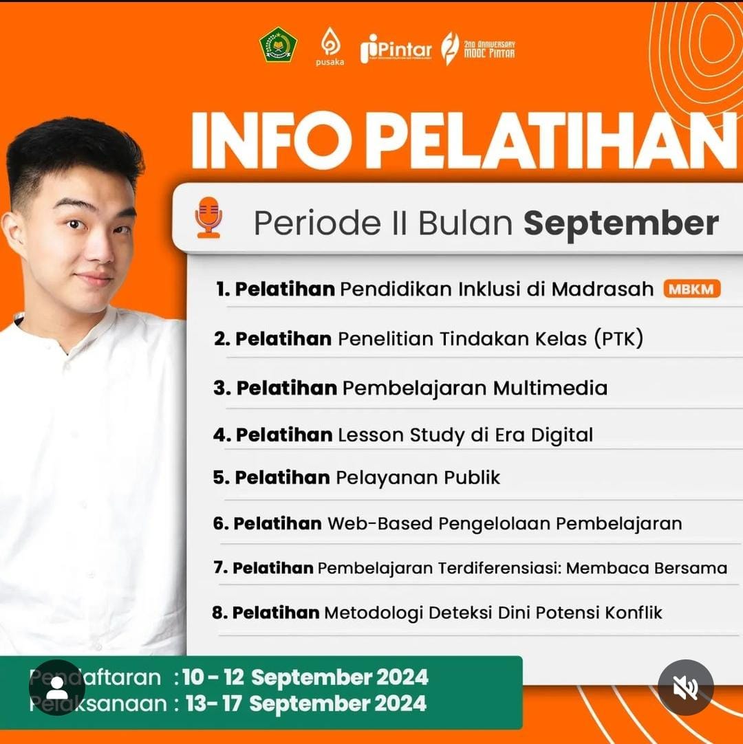 Pelatihan di MOOC Pintar Periode Daftar 10-12 September 2024 dan Pelaksanaan 13-17 September 2024 Pelatihan di MOOC Pintar Periode Daftar 10-12 September 2024 dan Pelaksanaan 13-17 September 2024