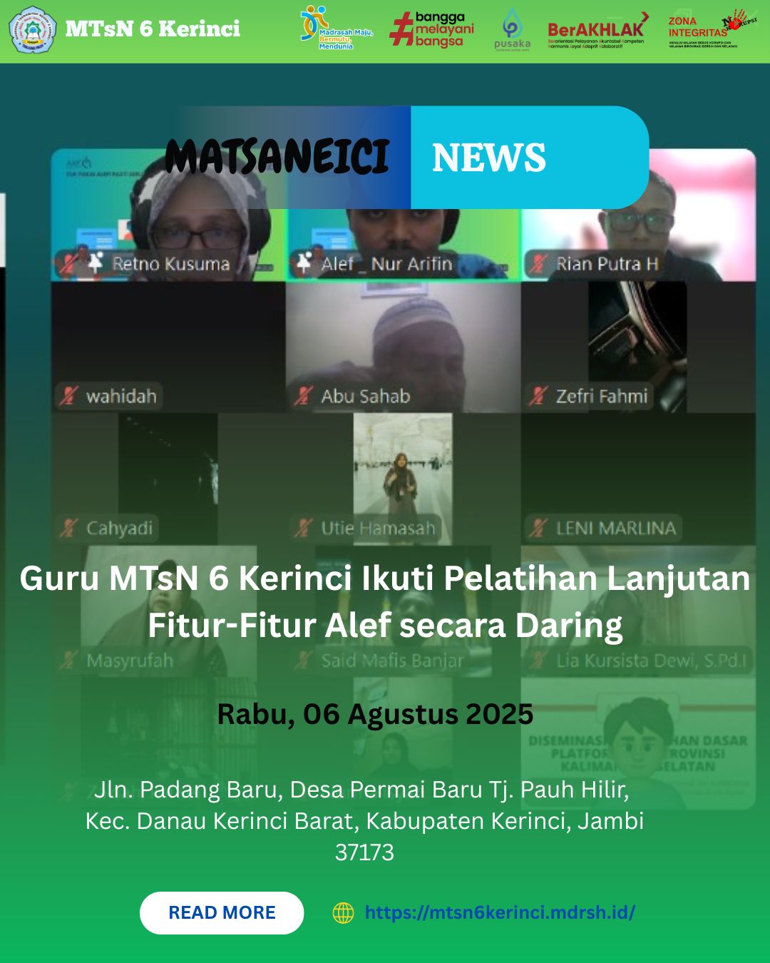 Guru MTsN 6 Kerinci Ikuti Pelatihan Lanjutan Fitur-Fitur Alef secara Daring