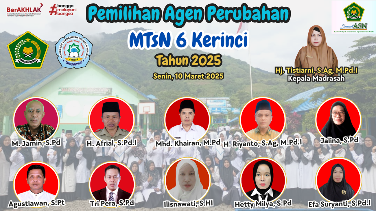 MTsN 6 Kerinci Umumkan 10 Nominasi Calon Agen Perubahan 2025, Pemilihan Final Digelar via Aplikasi SmartASN pada 10 Maret MTsN 6 Kerinci Umumkan 10 Nominasi Calon Agen Perubahan 2025, Pemilihan Final Digelar via Aplikasi SmartASN pada 10 Maret