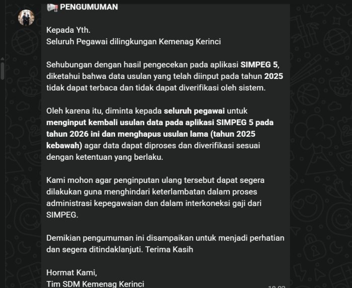 Kepala Tata Usaha MTsN 6 Kerinci Ingatkan PNS dan PPPK Perbarui Data di Aplikasi SIMPEG 5 Tahun 2026