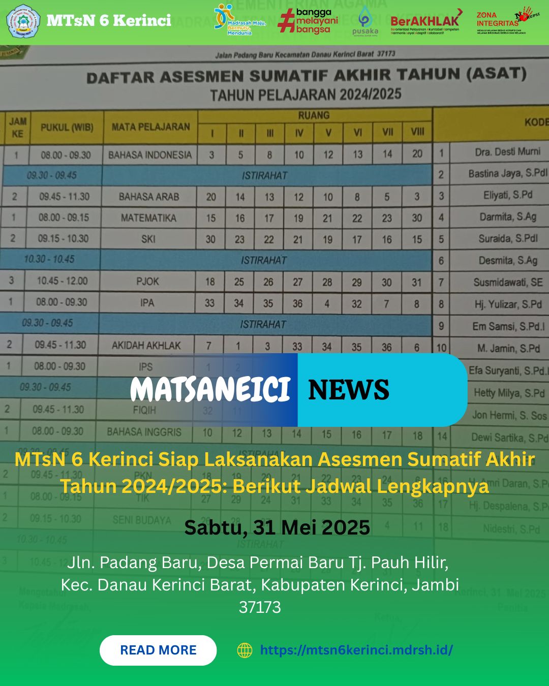 MTsN 6 Kerinci Siap Laksanakan Asesmen Sumatif Akhir Tahun 2024/2025: Berikut Jadwal Lengkapnya MTsN 6 Kerinci Siap Laksanakan Asesmen Sumatif Akhir Tahun 2024/2025: Berikut Jadwal Lengkapnya