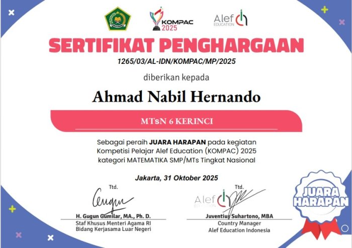 10 Siswa MTsN 6 Kerinci Terima Piagam Tingkat Nasional Kompac 2025 Matematika