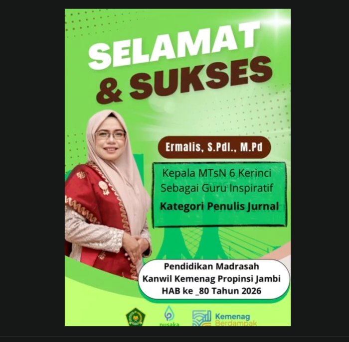 Kepala MTsN 6 Kerinci Ibu Ermalis, S.Pd.I, M.Pd Menorehkan Prestasi Gemilang pada HAB ke-80 Tingkat Kanwil Kemenag Provinsi Jambi