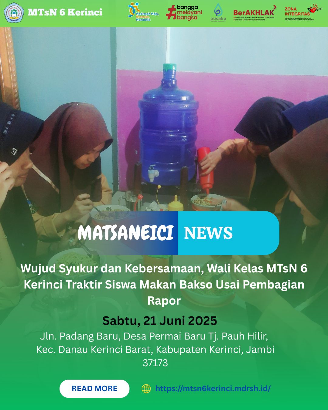 Wujud Syukur dan Kebersamaan, Wali Kelas MTsN 6 Kerinci Traktir Siswa Makan Bakso Usai Pembagian Rapor Wujud Syukur dan Kebersamaan, Wali Kelas MTsN 6 Kerinci Traktir Siswa Makan Bakso Usai Pembagian Rapor
