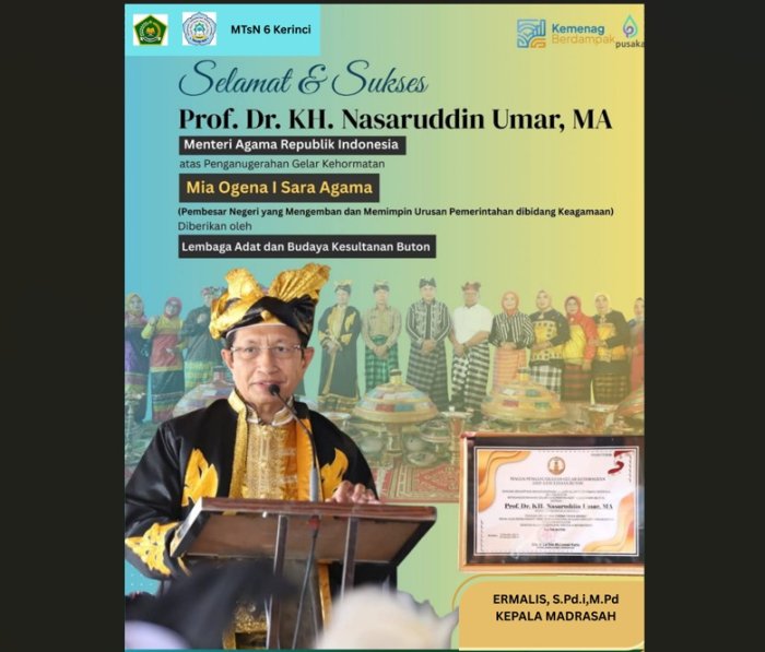 MTsN 6 Kerinci Ucapkan Selamat dan Sukses atas Anugerah Gelar Kehormatan kepada Menteri Agama RI