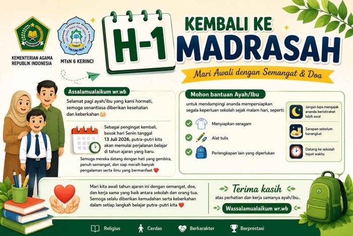 H-1 Masuk Madrasah, MTsN 6 Kerinci Ajak Orang Tua Bersinergi Sambut Tahun Ajaran Baru 2026/2027 H-1 Masuk Madrasah, MTsN 6 Kerinci Ajak Orang Tua Bersinergi Sambut Tahun Ajaran Baru 2026/2027
