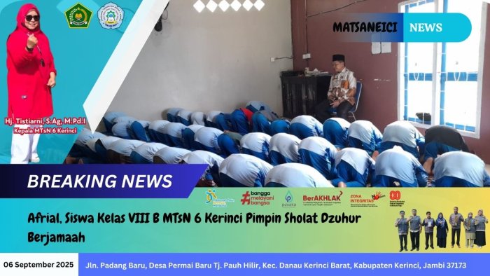 Afrial, Siswa Kelas VIII B MTsN 6 Kerinci Pimpin Sholat Dzuhur Berjamaah