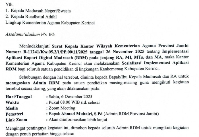 MTsN 6 Kerinci Siap Kabulkan Undangan Sosialisasi RDM (Rapor Digital Madrasah)