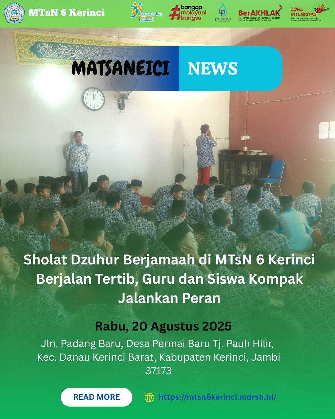 Sholat Dzuhur Berjamaah di MTsN 6 Kerinci Berjalan Tertib, Guru dan Siswa Kompak Jalankan Peran Sholat Dzuhur Berjamaah di MTsN 6 Kerinci Berjalan Tertib, Guru dan Siswa Kompak Jalankan Peran