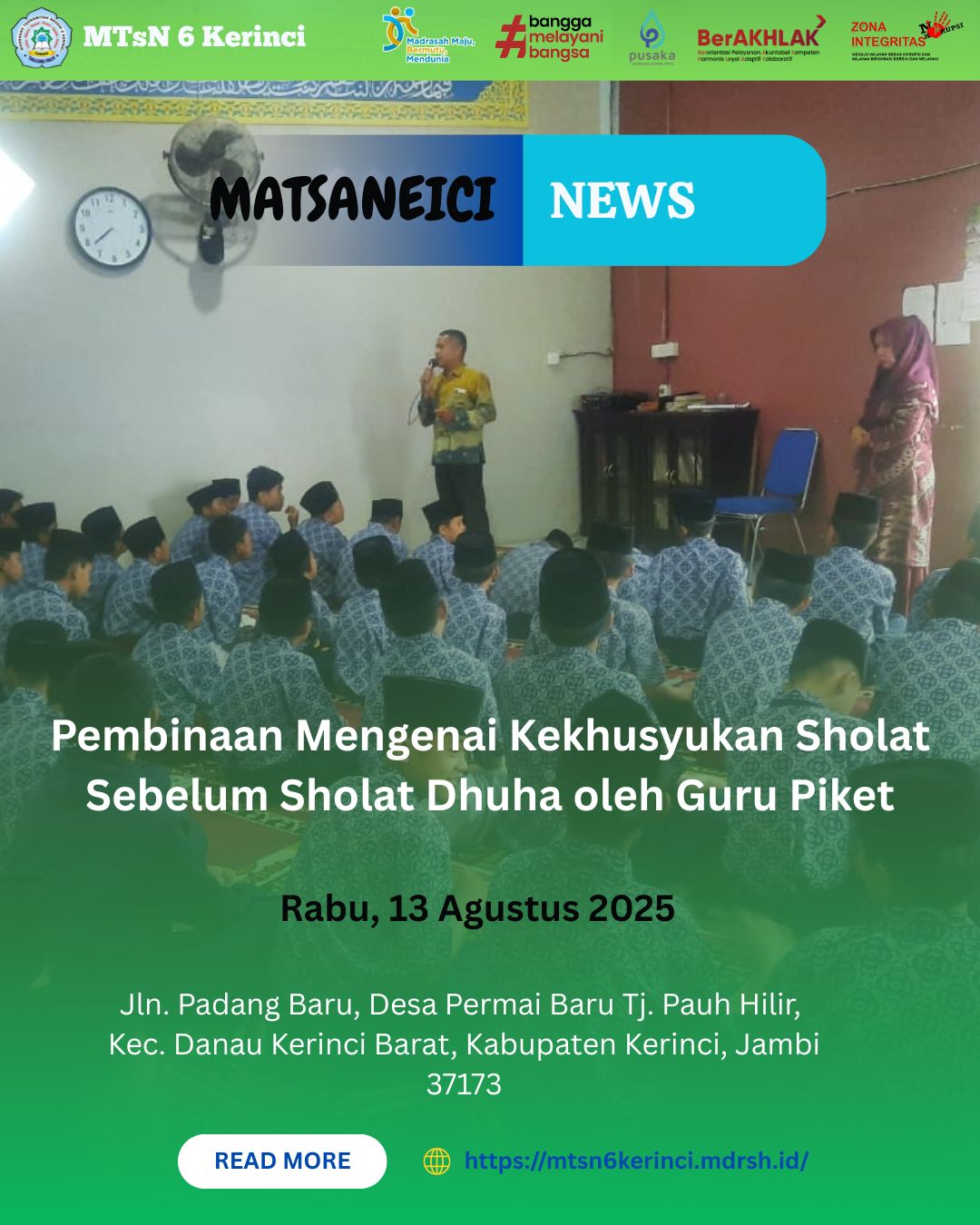 Pembinaan Mengenai Kekhusyukan Sholat Sebelum Sholat Dhuha oleh Guru Piket