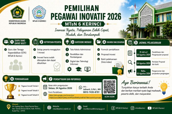 Saatnya Berinovasi ! MTsN 6 Kerinci Buka Pendaftaran Pemilihan Pegawai Inovatif 2026 Saatnya Berinovasi ! MTsN 6 Kerinci Buka Pendaftaran Pemilihan Pegawai Inovatif 2026