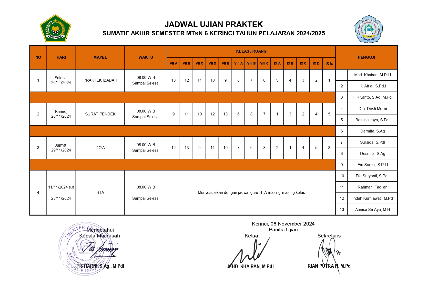 Jadwal Ujian Praktik Asesmen Sumatif Akhir Semester Ganjil MTsN 6 Kerinci Tahun Ajaran 2024/2025 Jadwal Ujian Praktik Asesmen Sumatif Akhir Semester Ganjil MTsN 6 Kerinci Tahun Ajaran 2024/2025
