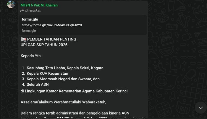 Tenggat 31 Maret 2026, Seluruh ASN Kemenag Kerinci Diimbau Segera Upload SKP Tahun 2026