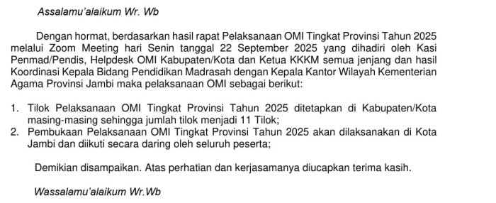 Pelaksanaan OMI Tingkat Provinsi Tahun 2025 Digelar di Kabupaten/Kota, Pembukaan Terpusat di Kota Jambi Pelaksanaan OMI Tingkat Provinsi Tahun 2025 Digelar di Kabupaten/Kota, Pembukaan Terpusat di Kota Jambi