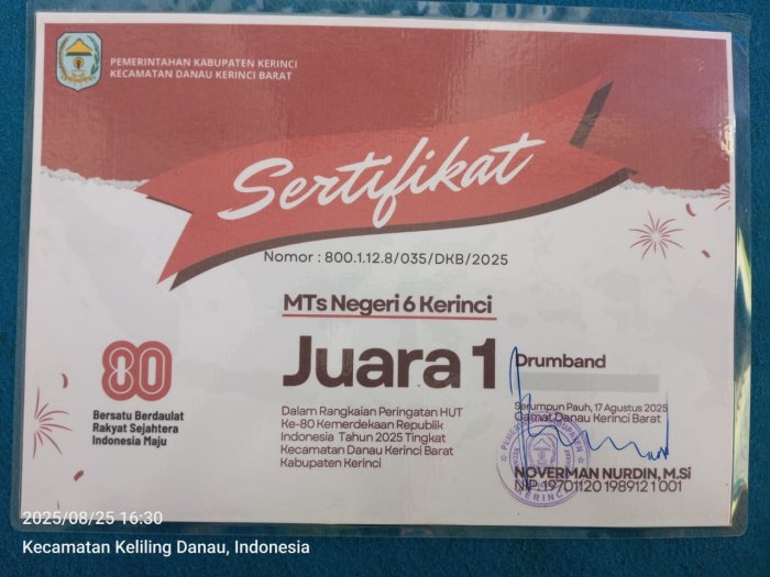 Tim Drumband MTs N 6 Kerinci Raih Juara I LKBB Tingkat Kecamatan