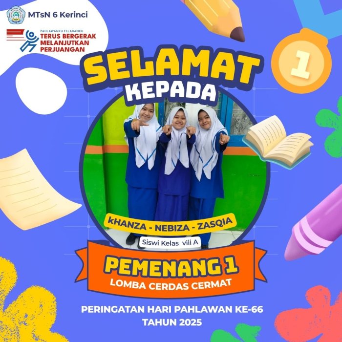 Kelas VIII A Ukir Prestasi Gemilang, Raih Juara 1 Lomba Cerdas Cermat Hari Pahlawan MTsN 6 Kerinci