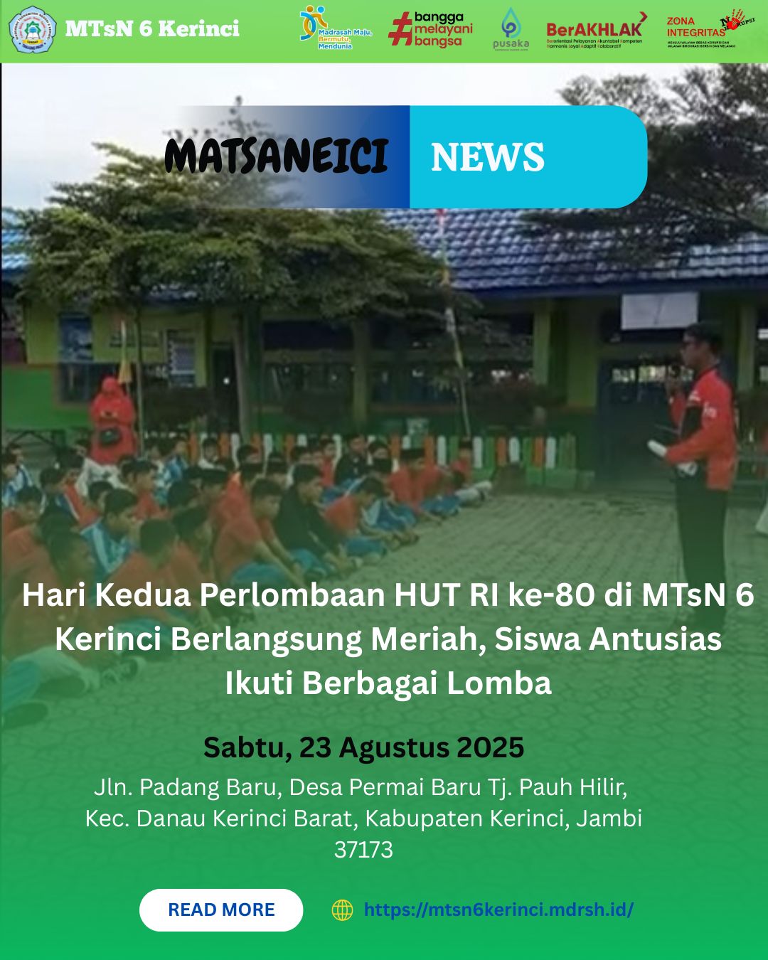 Hari Kedua Perlombaan HUT RI ke-80 di MTsN 6 Kerinci Berlangsung Meriah, Siswa Antusias Ikuti Berbagai Lomba Hari Kedua Perlombaan HUT RI ke-80 di MTsN 6 Kerinci Berlangsung Meriah, Siswa Antusias Ikuti Berbagai Lomba