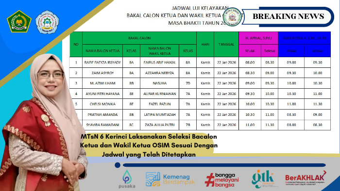MTsN 6 Kerinci Laksanakan Seleksi Bacalon Ketua dan Wakil Ketua OSIM Sesuai Dengan Jadwal yang Telah Ditetapkan