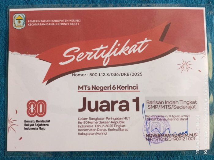Tim Pasbin MTs N 6 Kerinci Juara I LKBB Tingkat Kecamatan Danau Kerinci Barat dalam Rangka HUT RI ke-80