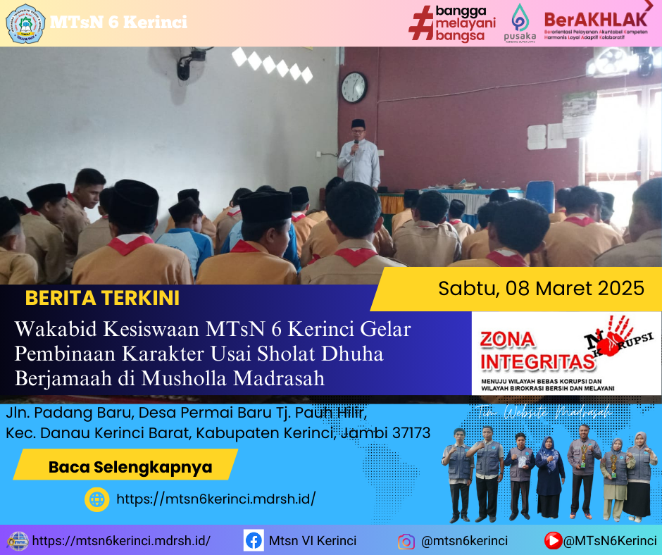 Wakabid Kesiswaan MTsN 6 Kerinci Gelar Pembinaan Karakter Usai Sholat Dhuha Berjamaah di Musholla Madrasah Wakabid Kesiswaan MTsN 6 Kerinci Gelar Pembinaan Karakter Usai Sholat Dhuha Berjamaah di Musholla Madrasah