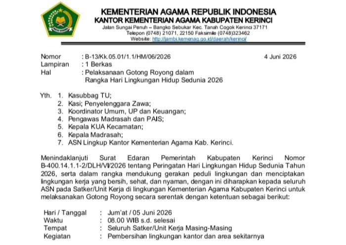 MTsN 6 Kerinci Gelar Goro Bersama Jelang ASAT, Wujud Kepedulian Lingkungan dan Dukung Hari Lingkungan Hidup Sedunia 2026 MTsN 6 Kerinci Gelar Goro Bersama Jelang ASAT, Wujud Kepedulian Lingkungan dan Dukung Hari Lingkungan Hidup Sedunia 2026