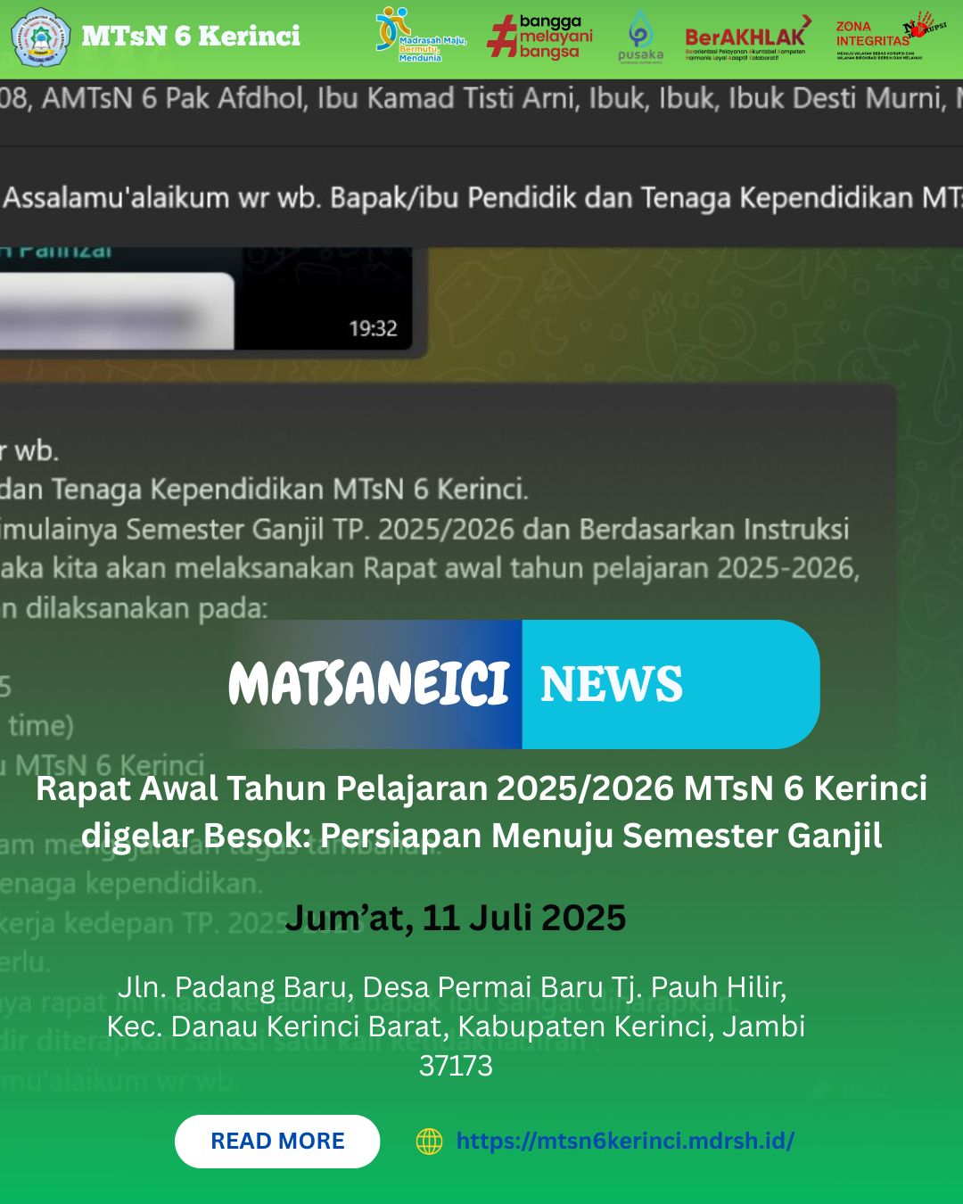 Rapat Awal Tahun Pelajaran 2025/2026 MTsN 6 Kerinci digelar Besok: Persiapan Menuju Semester Ganjil Rapat Awal Tahun Pelajaran 2025/2026 MTsN 6 Kerinci digelar Besok: Persiapan Menuju Semester Ganjil