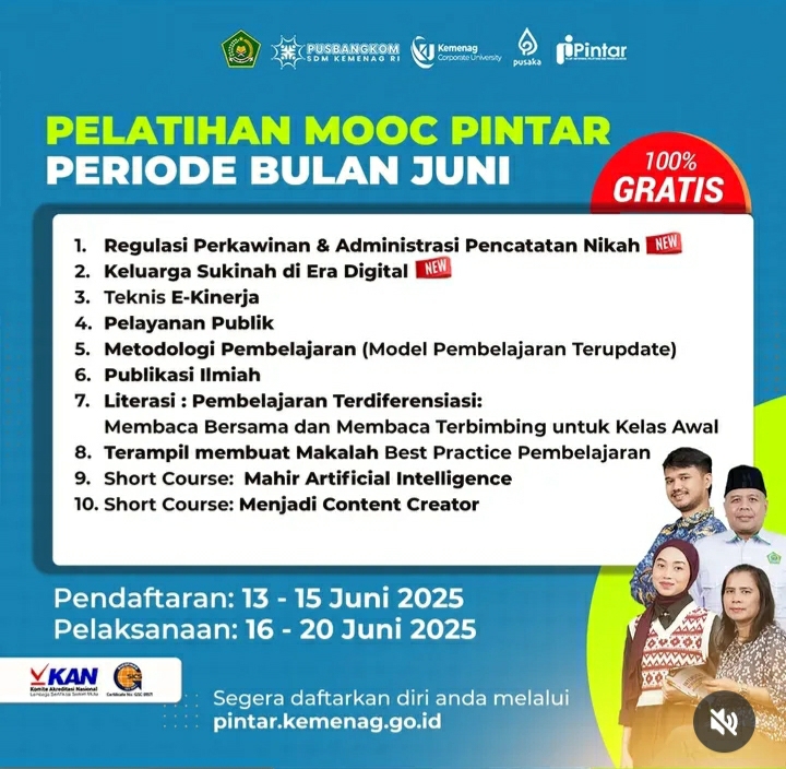 PINTAR Kemenag Gelar Pelatihan Daring Juni 2025: Tingkatkan Kompetensi ASN Melalui MOOC PINTAR Kemenag Gelar Pelatihan Daring Juni 2025: Tingkatkan Kompetensi ASN Melalui MOOC