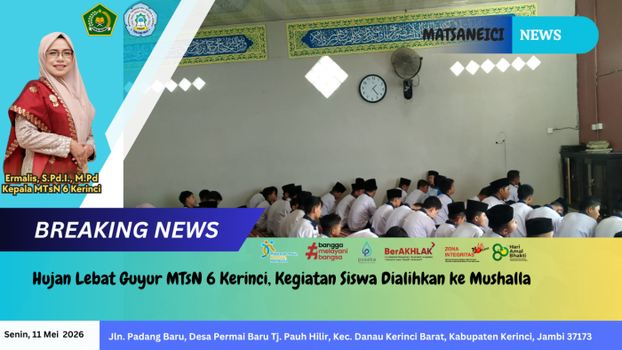 Hujan Lebat Guyur MTsN 6 Kerinci, Kegiatan Siswa Dialihkan ke Mushalla Hujan Lebat Guyur MTsN 6 Kerinci, Kegiatan Siswa Dialihkan ke Mushalla