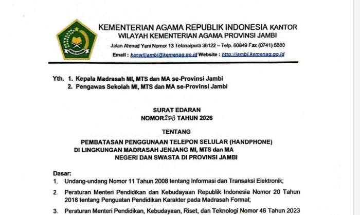 Kepala MTsN 6 Kerinci Tindak Lanjuti Surat Edaran Kanwil Kemenag Provinsi Jambi Nomor 526 Tahun 2026